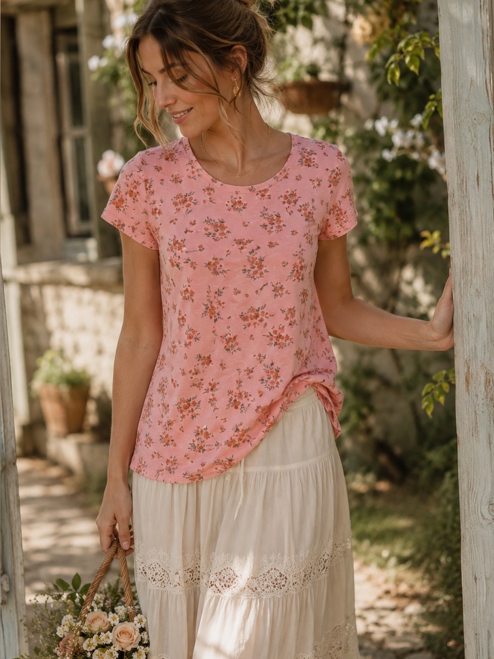 Pink Rose Floral Short Sleeve Top Medium Pink Stretch Casual Cottagecore Tee